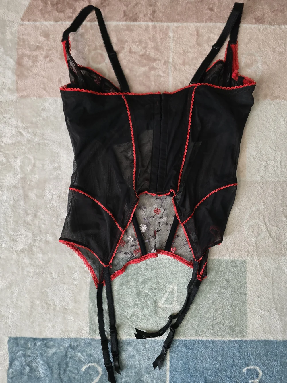 Adore Me Black Bustier with Red Floral Embroidery and Garter Straps